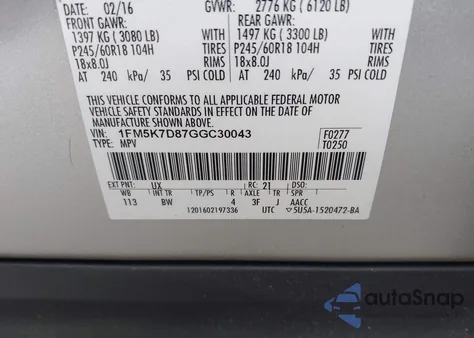 2016 Ford Explorer Xlt из США, поврежденный, VIN 1FM5K7D87GGC30043